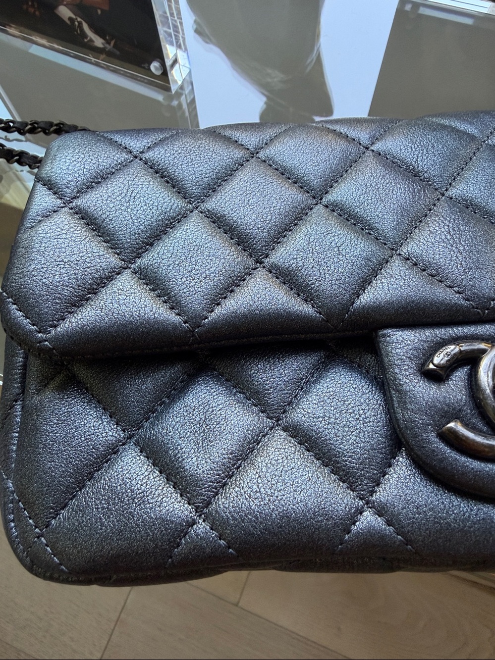 Authentic Chanel Classic Flap Bag Dark Silver Metallic Lambskin Silver Hardware - Picture 7 of 8